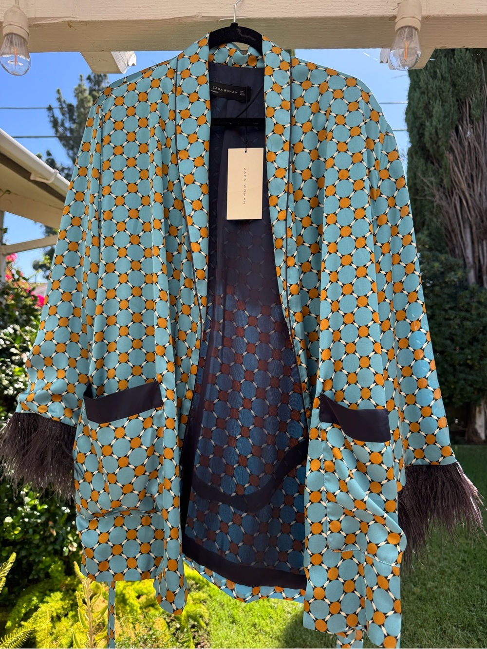 Zara Teal and Mustard Geometric Open Blazer with Faux Fur Cuffs